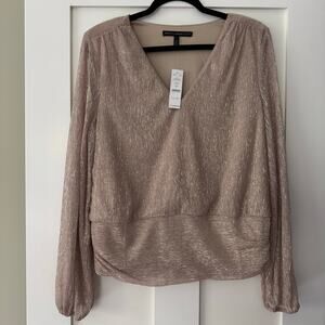 WHBM Metallic Pink Shimmer Long Sleeve V Neck Blouse Size Large NEW